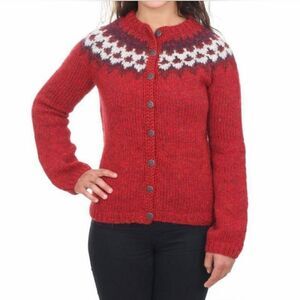 THE HANDKNITTING ASSOCIATION OF ICELAND WOOL NORDIC CARDIGAN SWEATER RED Size S